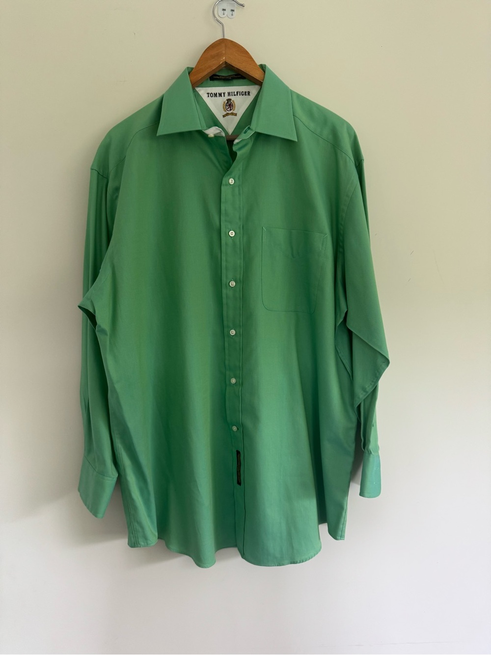 Vintage 90s Tommy Hilfiger Crest Dress Shirt Mens 16.5 32/33 L Green Cotton 1998